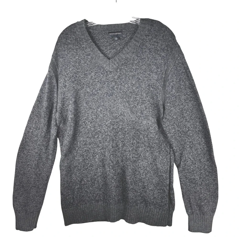 Banana Republic Mens XL V-Neck Sweater Gray Marl Knit Ribbed Trim‎ Pullover